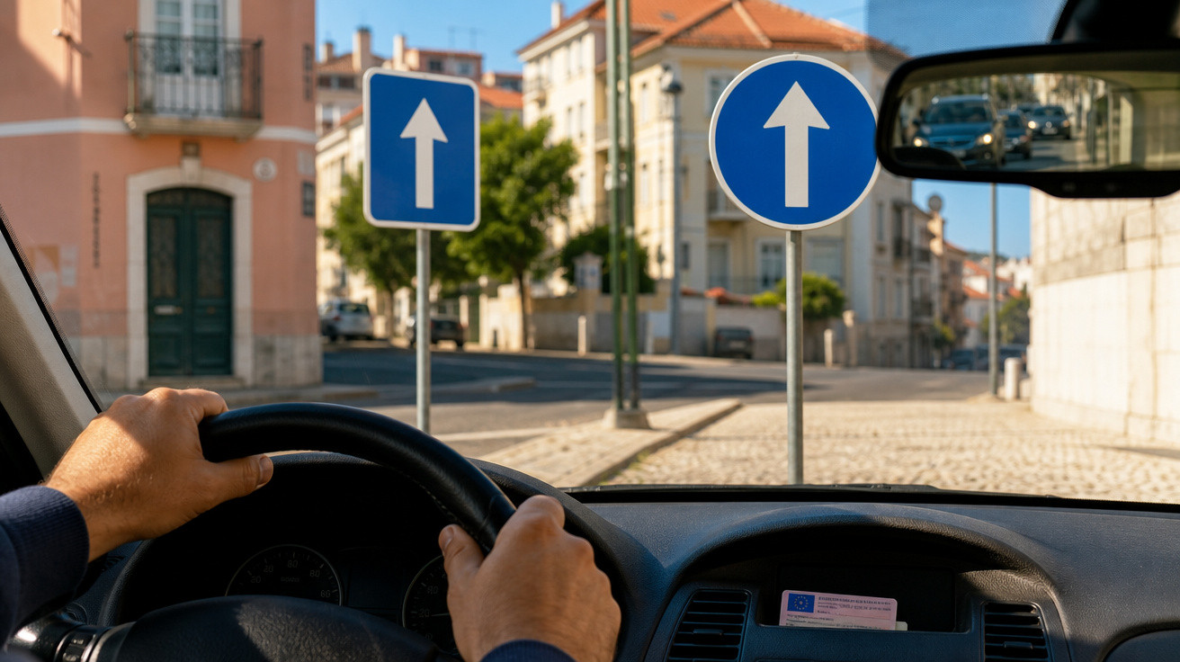 Pessoa dirigindo carro em rua com placas azuis indicando sentido reto à frente.