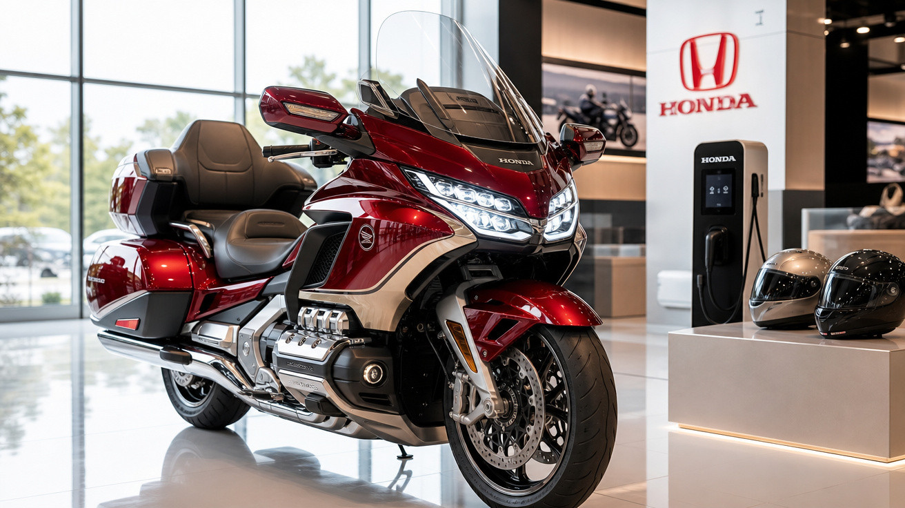 Motocicleta Honda touring vermelha com luzes acesas em showroom moderno com capacetes ao lado.