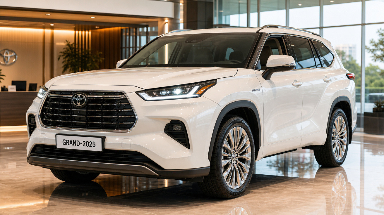 SUV Toyota Grand 2025 branco em exposição interna com iluminação ambiente e detalhes cromados.