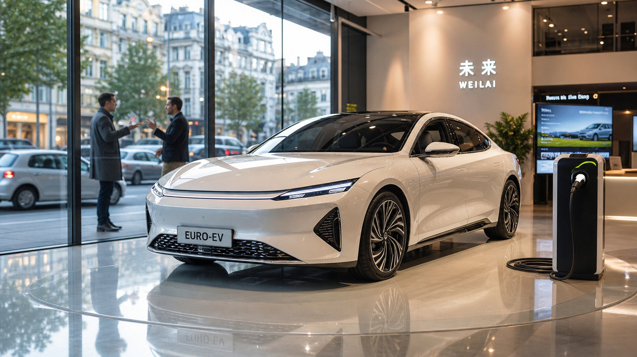 Carro elétrico branco estacionado em showroom moderno com estação de recarga ao lado e pessoas conversando ao fundo.