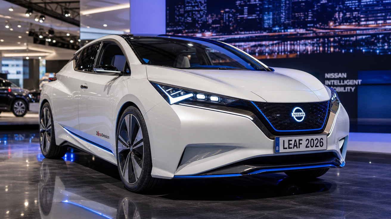 Carro elétrico branco Nissan Leaf 2026 exibido em salão automotivo com luzes LED e design moderno.