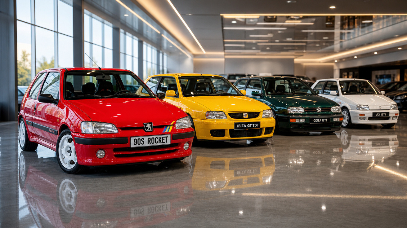 Quatro carros hatch de cores vermelha, amarela, verde e branca exibidos em galeria moderna com piso refletivo.
