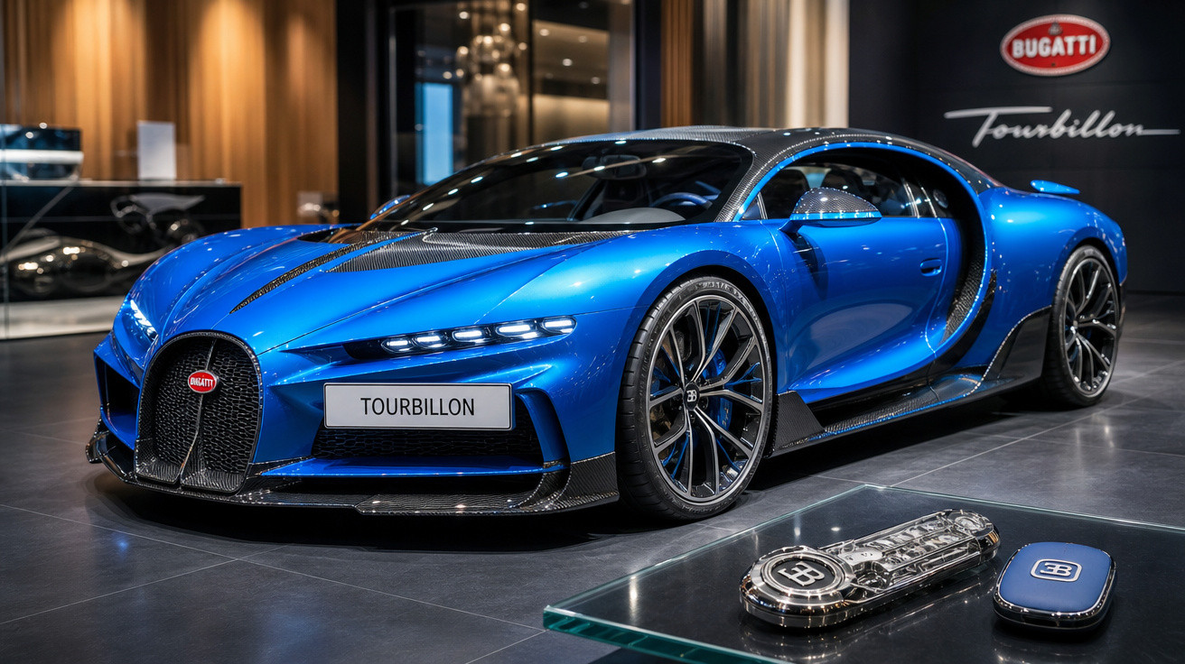 Carro esportivo Bugatti Tourbillon azul exibido em salão com chave e controle ao lado em vidro.