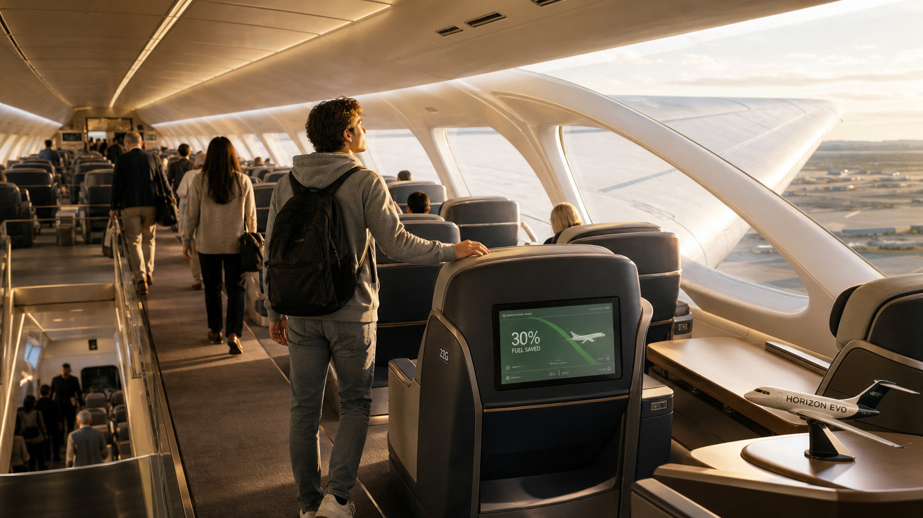 Interior de avião futurista com passageiros e janela ampla com vista para asas e pista de pouso.