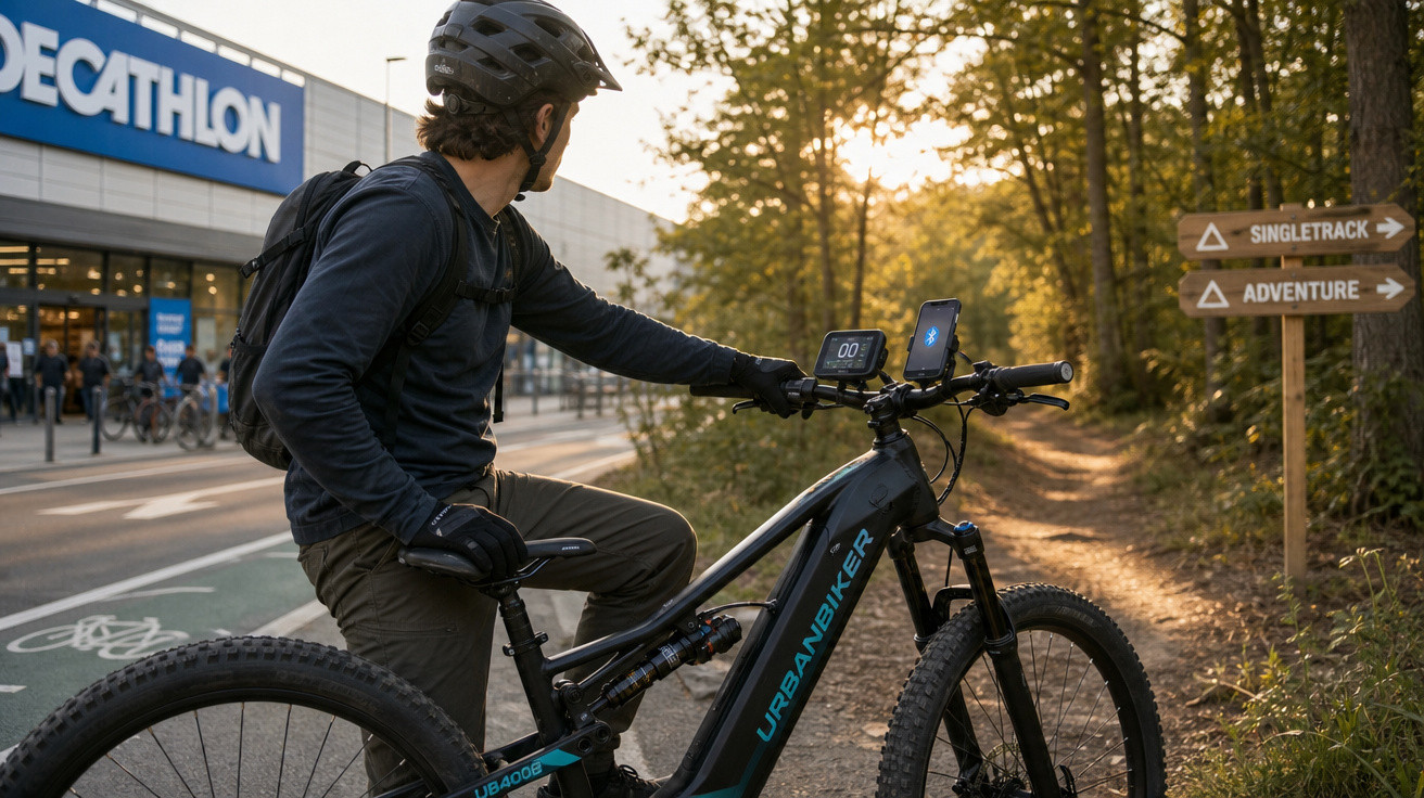Ciclista olhando placas de trilhas na entrada de área verde perto de loja Decathlon ao pôr do sol.