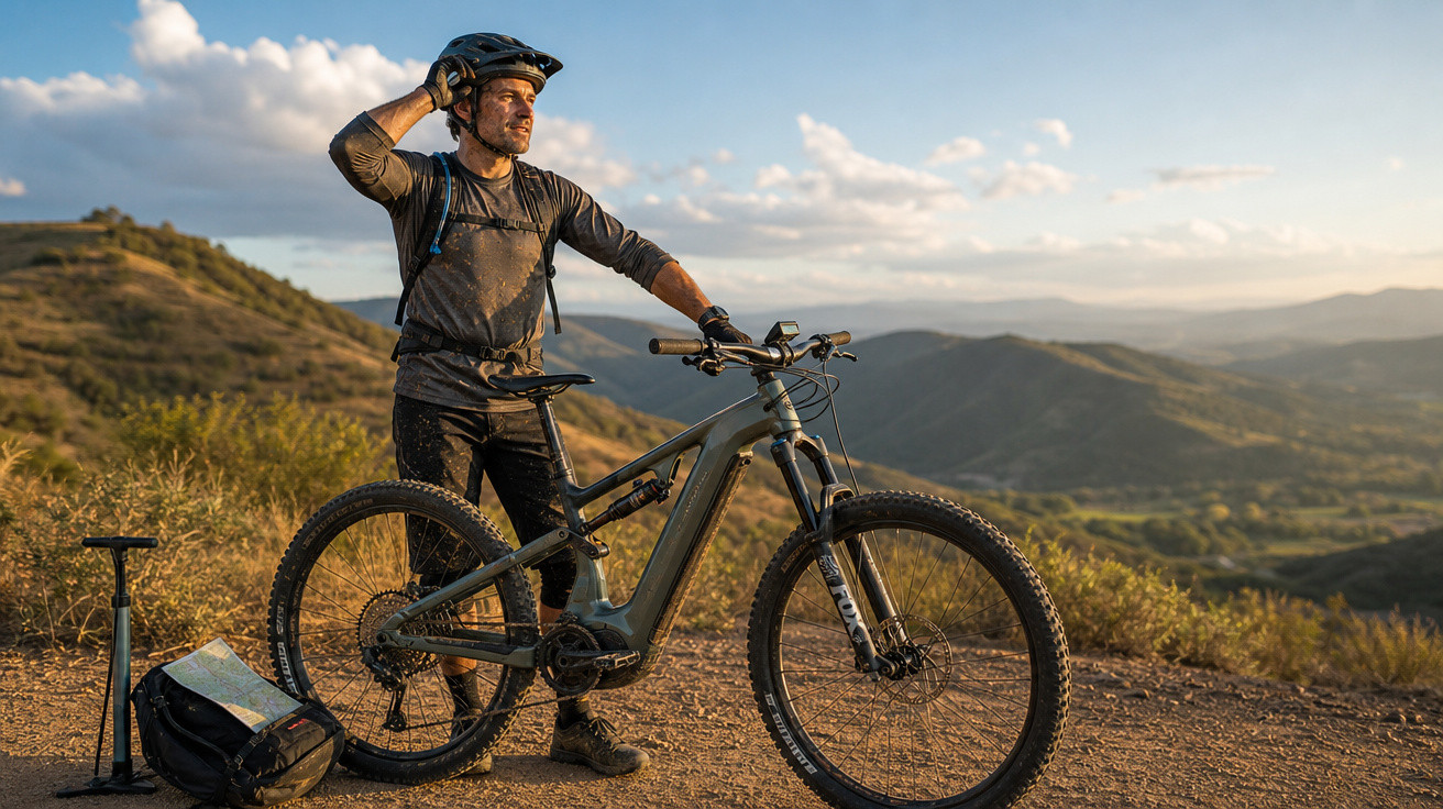 Homem com capacete ao lado de bicicleta em trilha, observando a paisagem montanhosa ao entardecer.