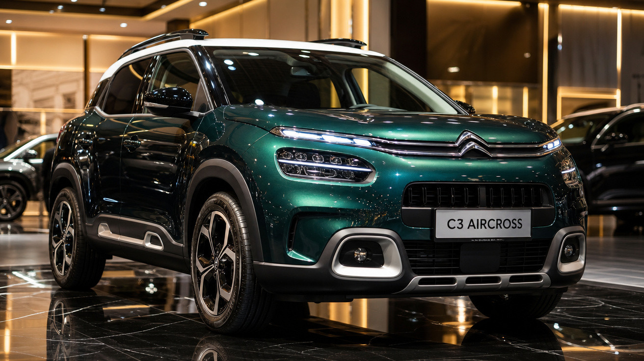 Carro SUV Citroën C3 Aircross verde exposto em ambiente interno sofisticado.