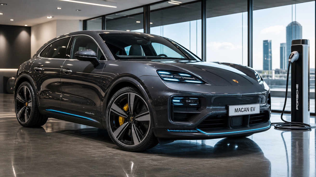 Carro elétrico Porsche Macan EV cinza estacionado em showroom ao lado de carregador, vista frontal e lateral.
