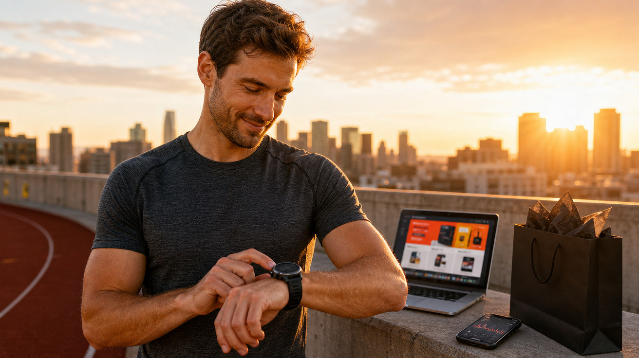 Homem sorridente conferindo relógio esportivo em pista de corrida ao pôr do sol, com notebook e celular ao lado.