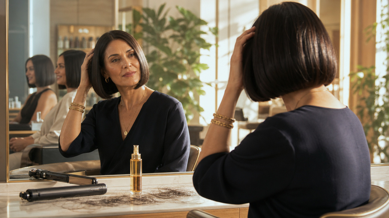 Mulher de cabelos curtos observando seu cabelo no espelho, com chapinha e frasco dourado sobre a bancada.