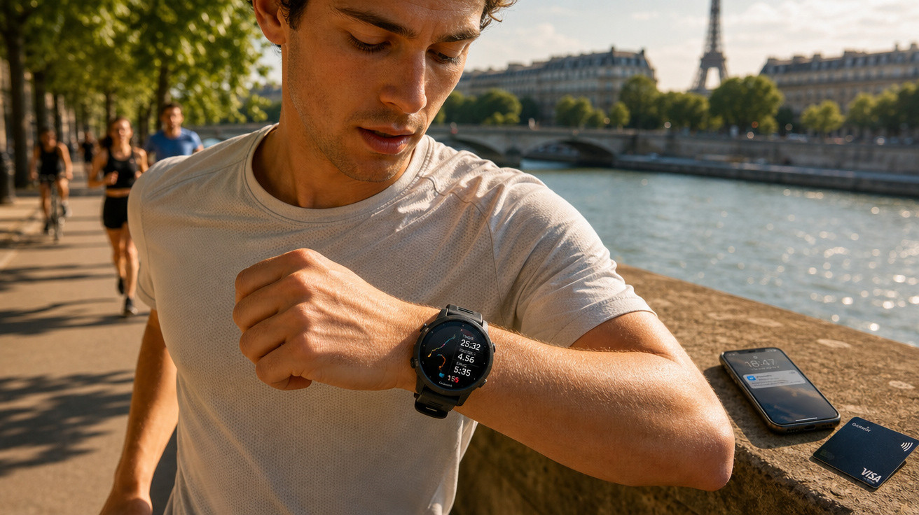 Homem correndo ao ar livre junto ao rio, olhando para smartwatch com Torre Eiffel ao fundo.