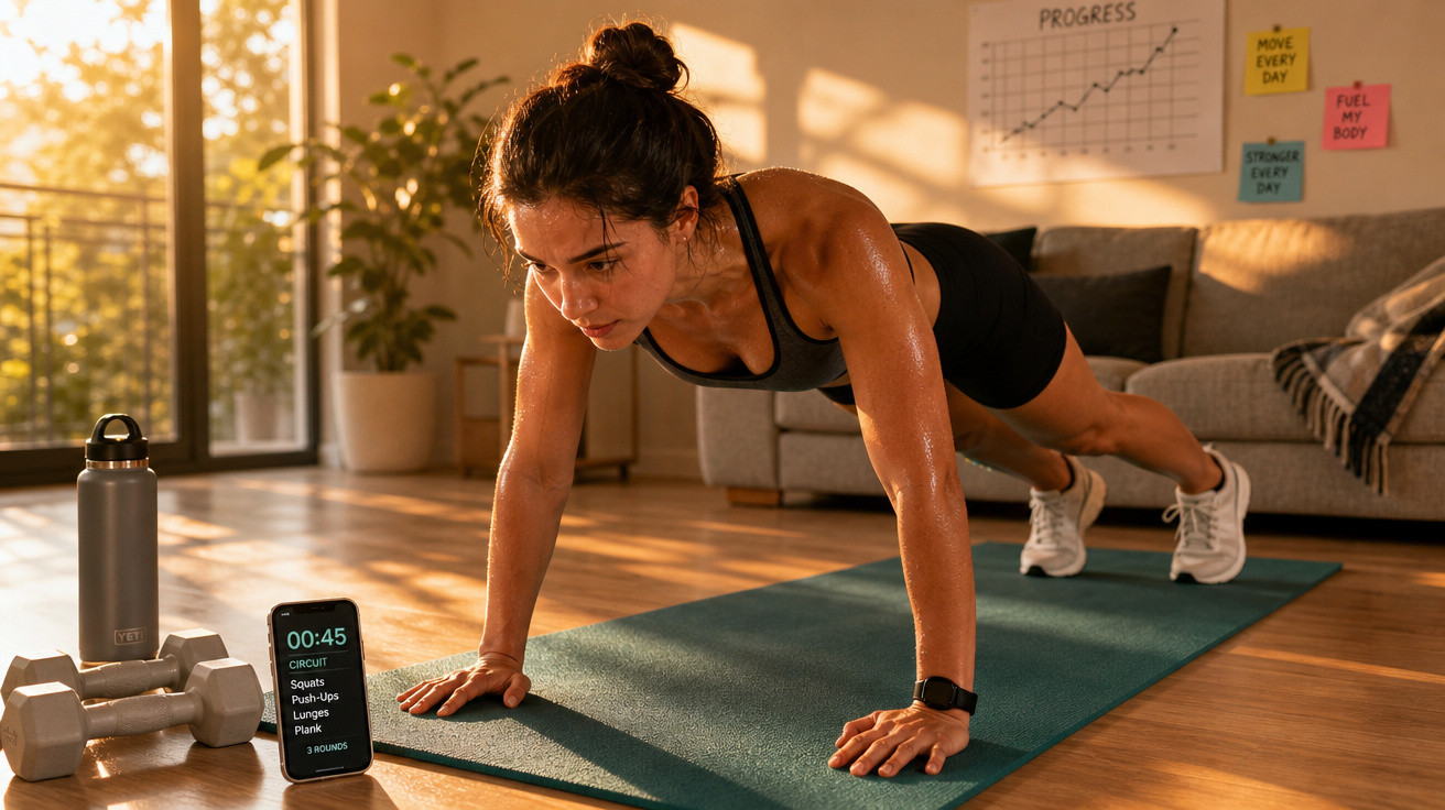 Mulher fazendo flexão em tapete de yoga na sala, com garrafa de água, halteres e celular ao lado.