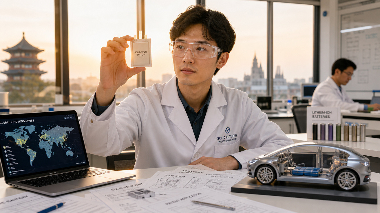 Cientista em laboratório segurando bateria de estado sólido com projeto de carro elétrico e mapa no laptop.