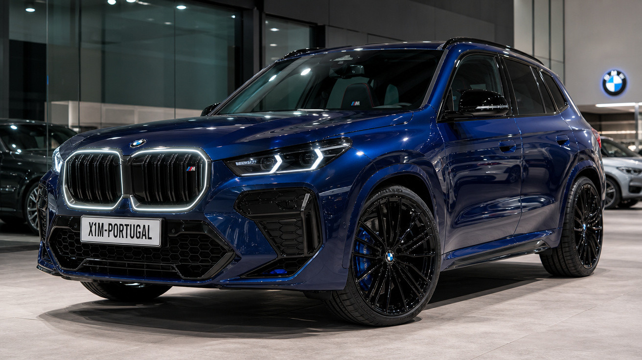 Carro SUV BMW azul metálico com rodas pretas em showroom moderno e iluminado.