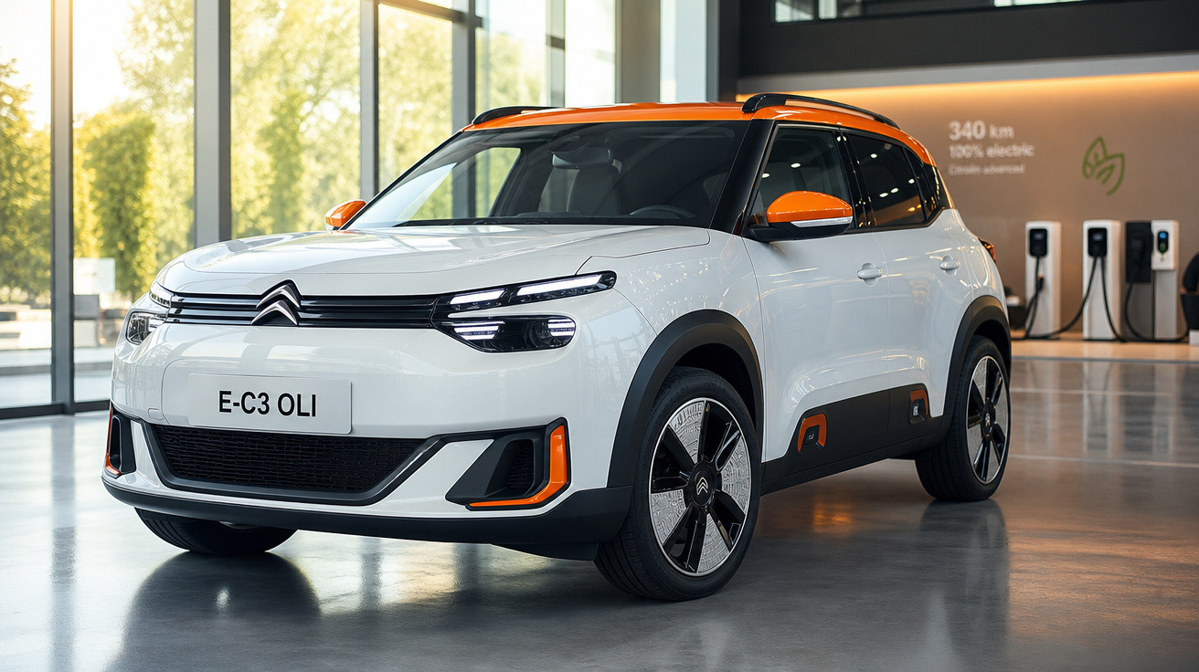 Carro elétrico Citroën E-C3 Oli branco com detalhes laranja em showroom moderno e iluminado.