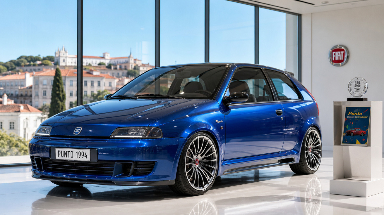 Carro Fiat Punto 1994 azul em exposição em ambiente interno com grande janela e vista da cidade.