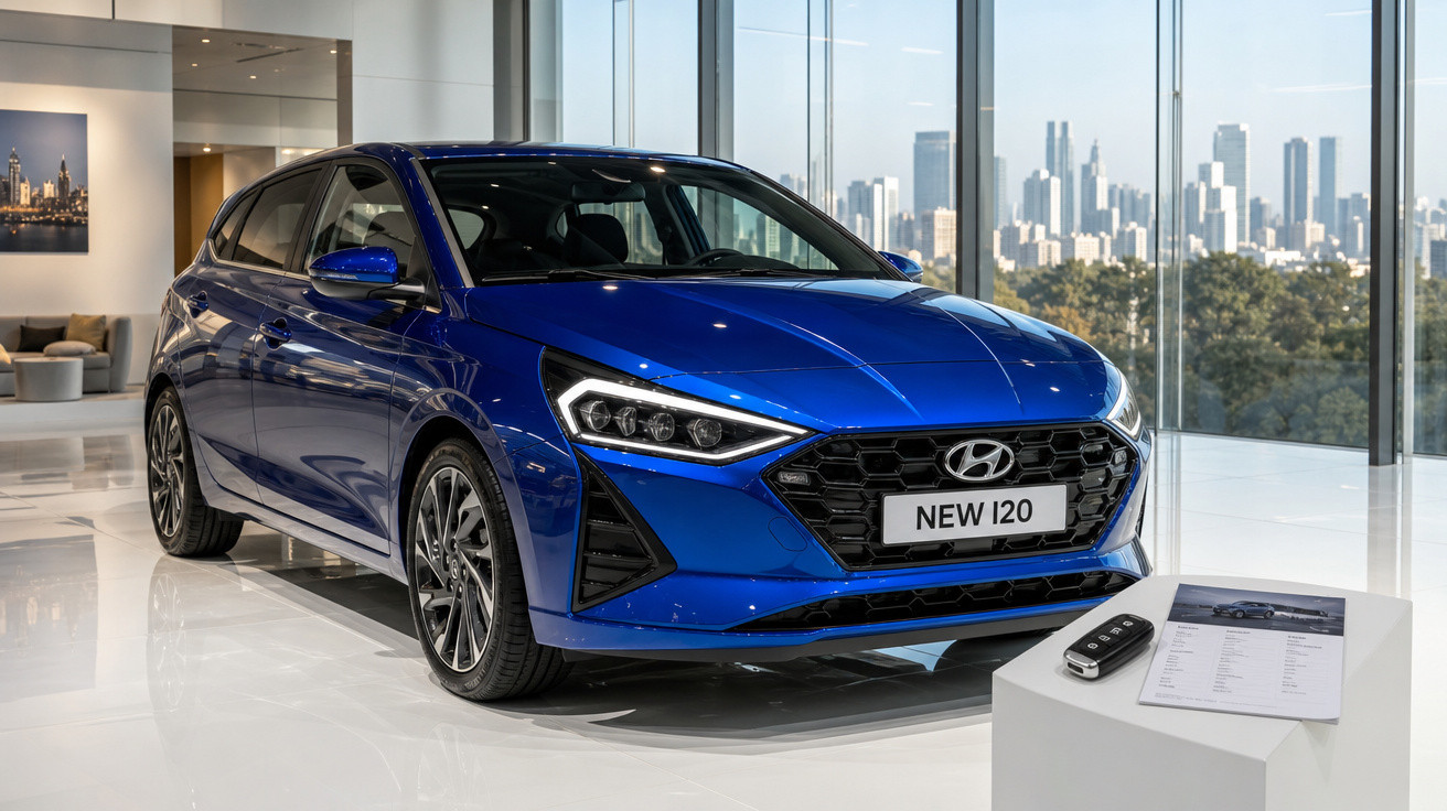 Carro Hyundai New i20 azul exposto em showroom moderno com janela grande e vista urbana.