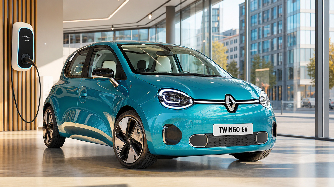 Carro elétrico Renault Twingo EV azul conectado a carregador em showroom com janelas grandes e prédios ao fundo.