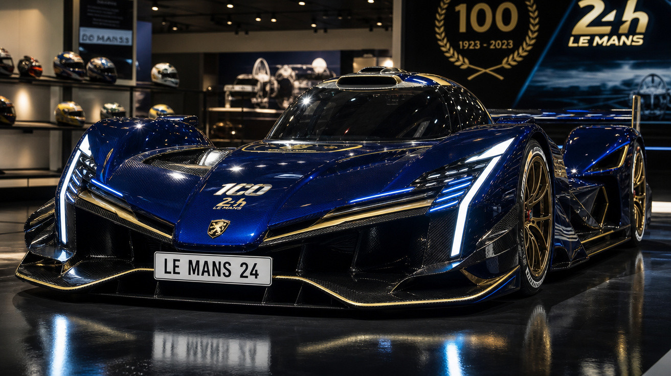 Carro de corrida azul Le Mans 24 comemorativo aos 100 anos da prova no museu.