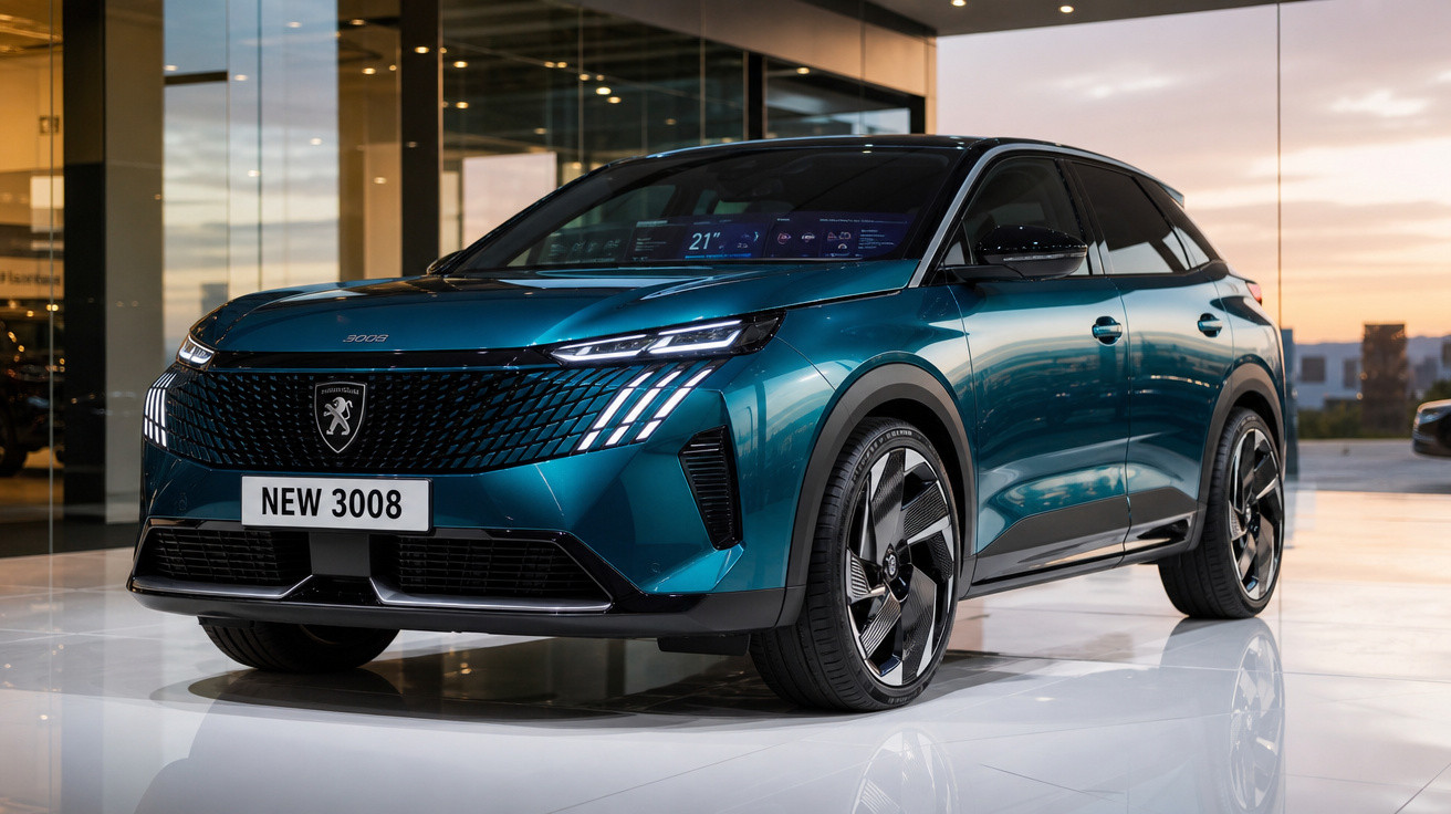 SUV elétrico Peugeot 3008 azul metálico em showroom moderno com piso branco e paredes de vidro.