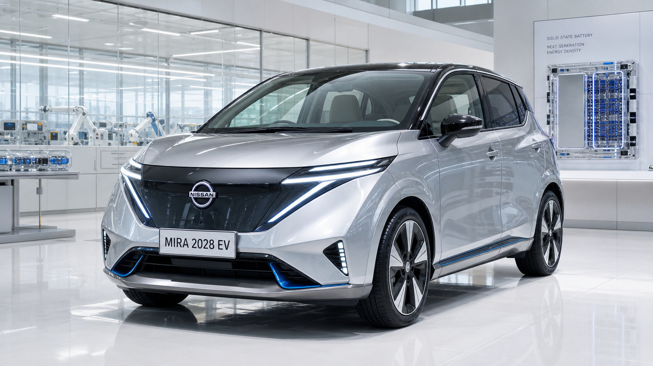 Carro elétrico Nissan MIRA 2028 EV prata exposto em ambiente moderno e iluminado.