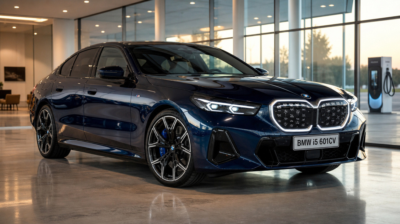 Carro BMW i5 601CV azul escuro estacionado em salão moderno com piso refletivo e janela grande.