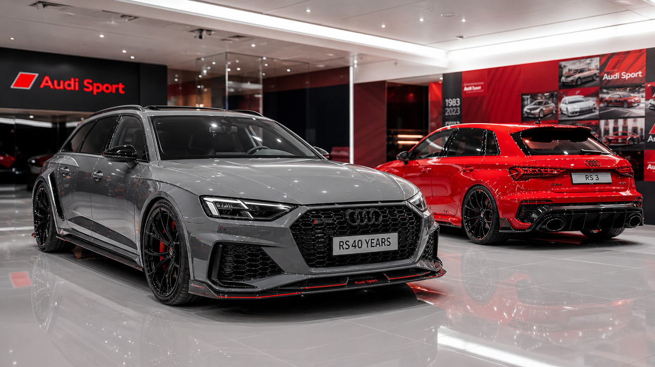 Carros Audi RS cinza e vermelho exibidos em showroom moderno da Audi Sport.