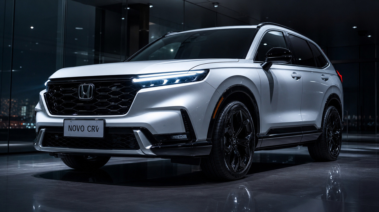 SUV Honda Novo CR-V prata, vista frontal em ambiente interno com iluminação moderna e rodas pretas.