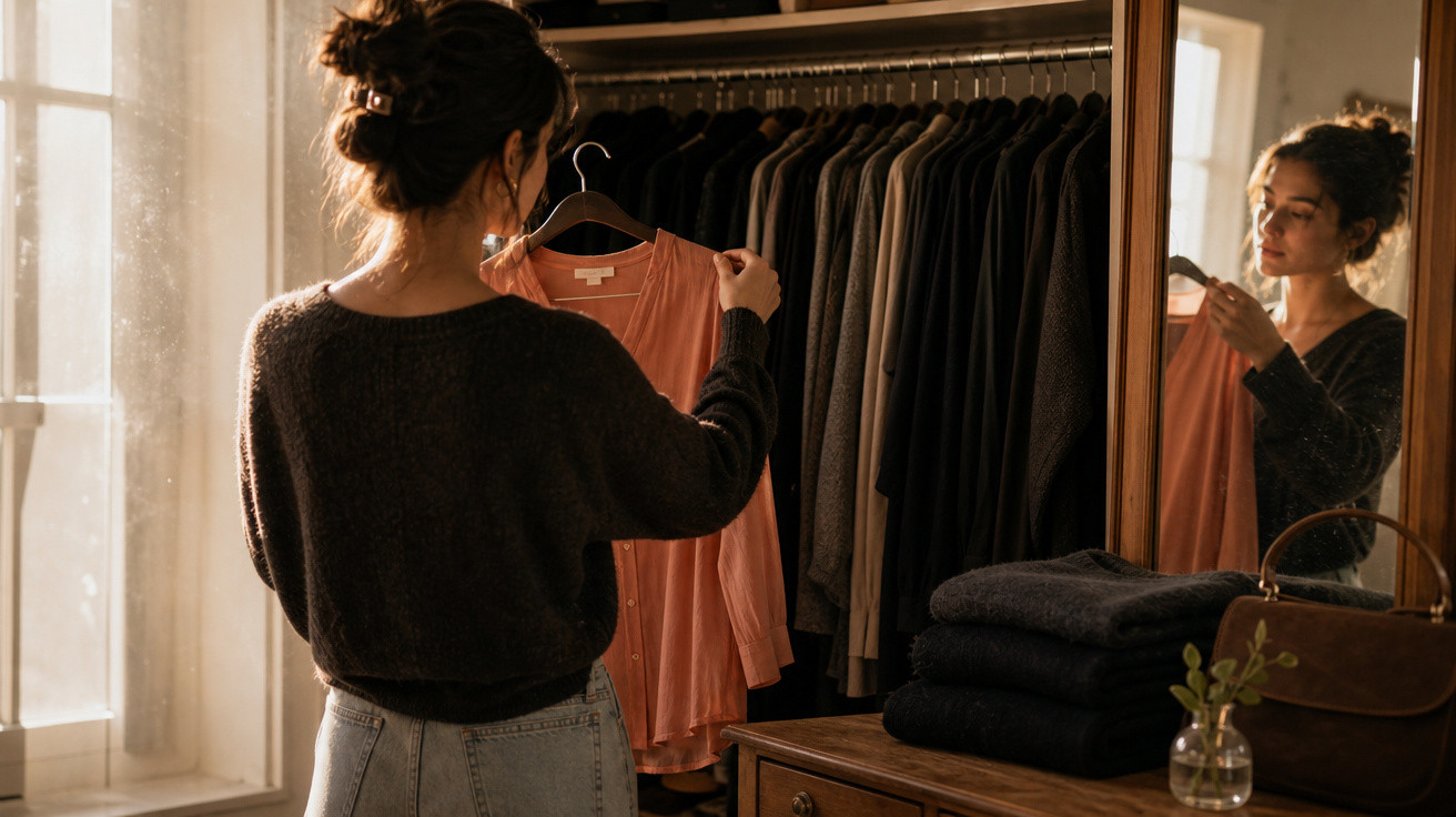 Mulher observa camisa rosa em cabide diante de guarda-roupa com roupas escuras em ambiente iluminado.