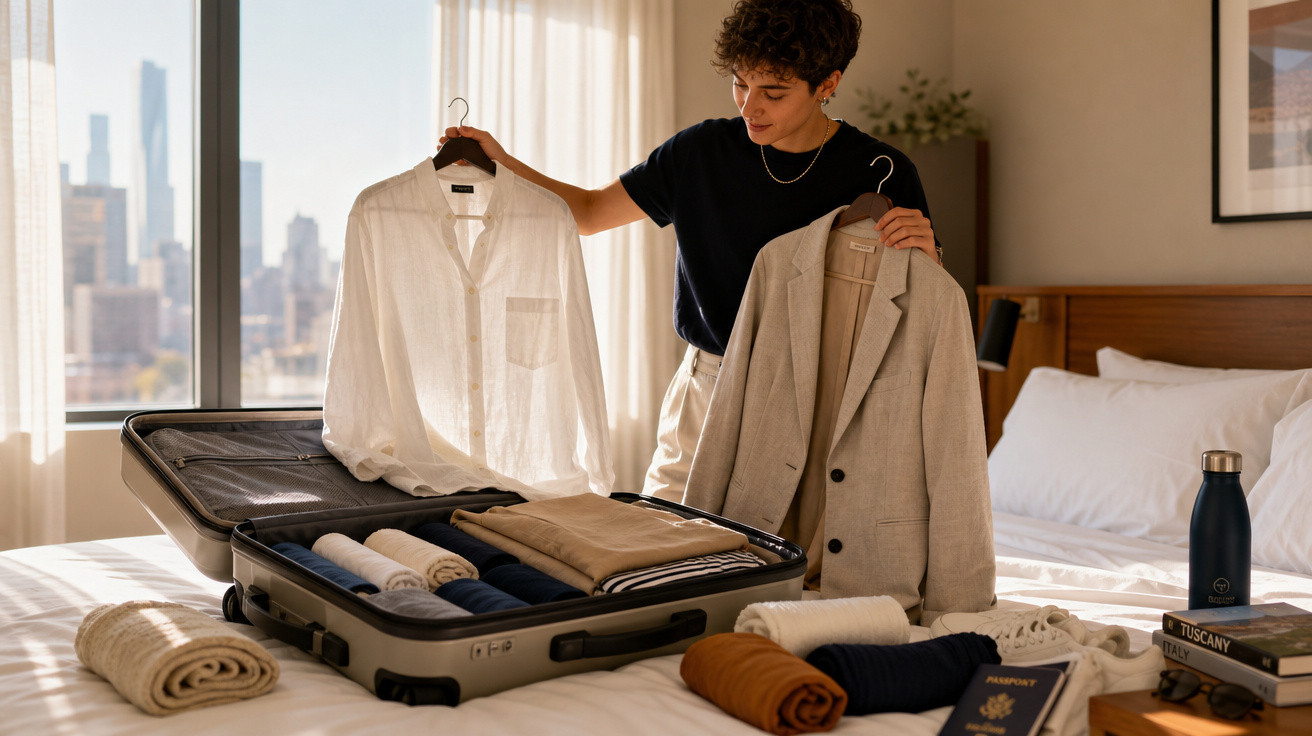 Pessoa escolhe roupas para viagem enquanto arruma mala em quarto iluminado pela manhã.