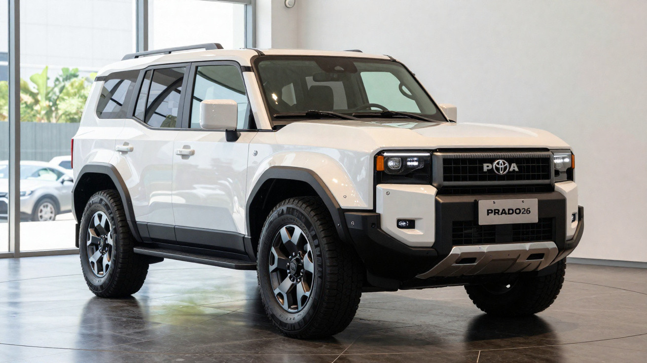 SUV branco Toyota Prado26 estacionado em ambiente interno com piso cinza e grandes janelas ao fundo.