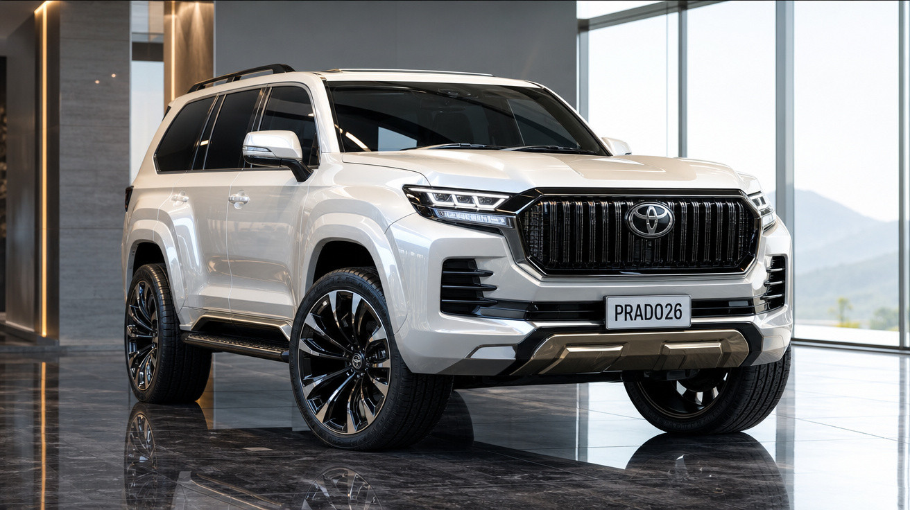 SUV branco Toyota Prado com rodas pretas e detalhes cromados em showroom moderno.