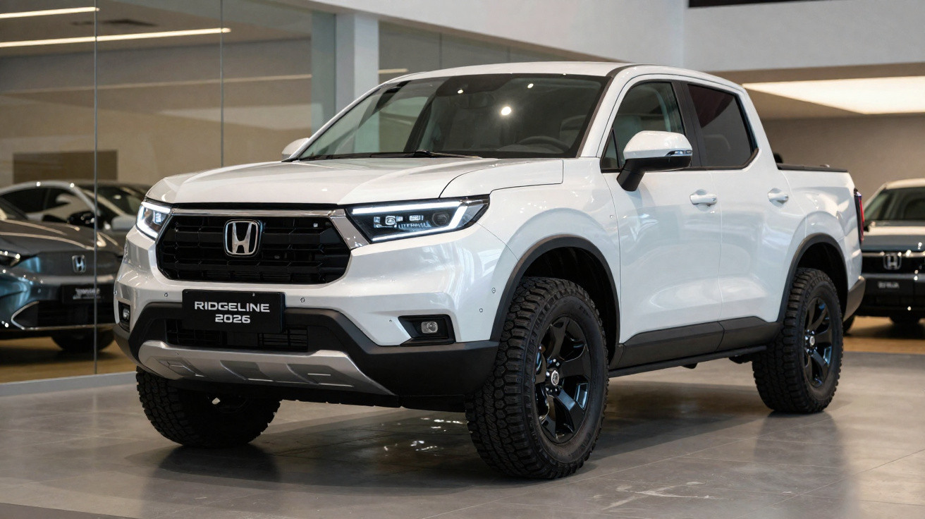Picape Honda Ridgeline 2026 branca exibida em showroom moderno com pneus robustos e faróis acesos.