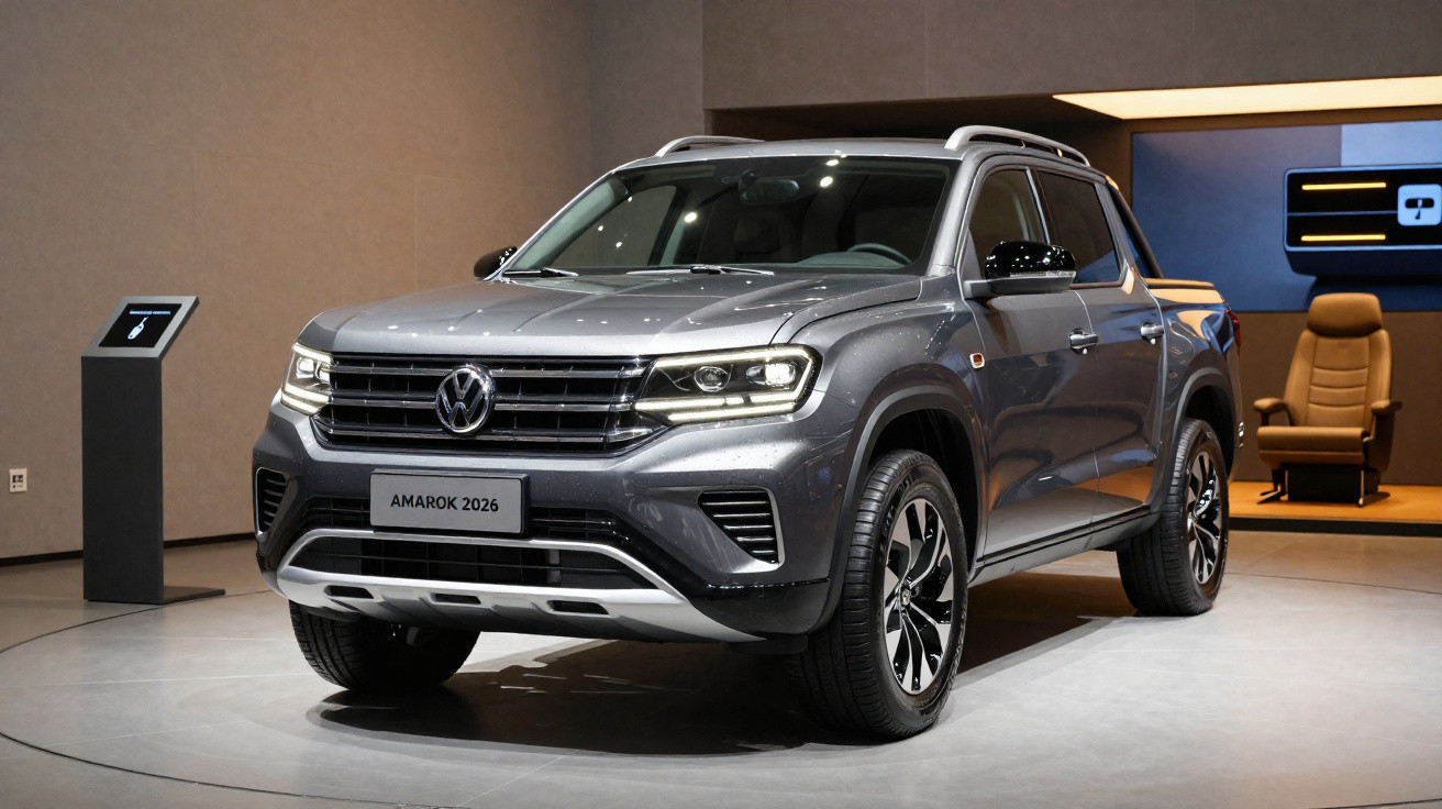 Picape Volkswagen Amarok 2026 cinza exposta em salão com iluminação indireta.