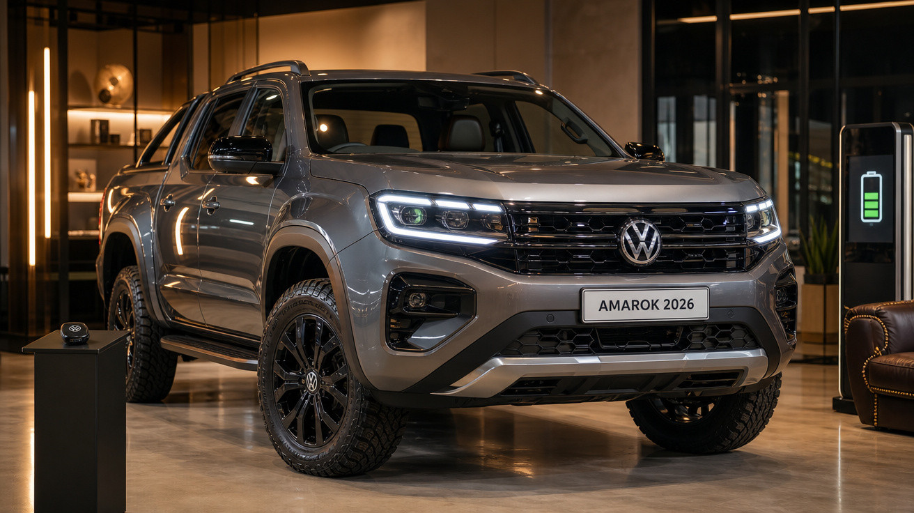 Picape Volkswagen Amarok 2026 cinza com detalhes em preto exposta em ambiente interno moderno.