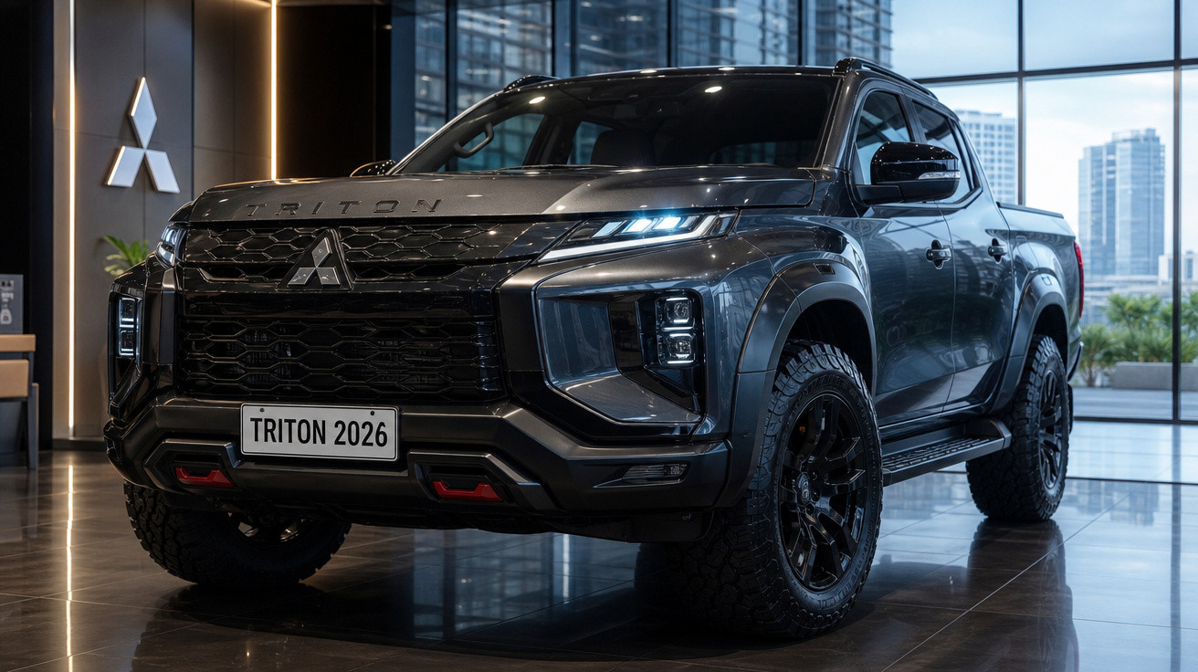 Picape preta Mitsubishi Triton 2026 exibida em ambiente interno moderno.