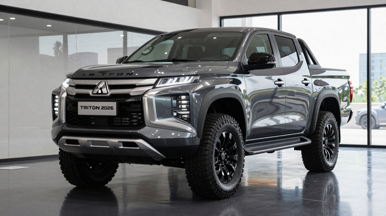 Picape Mitsubishi Triton 2026 prata exibida em showroom moderno e iluminado.
