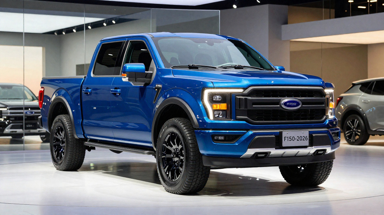 Picape Ford F-150 azul 2026 exposta em salão automotivo com rodas pretas e cabine dupla.