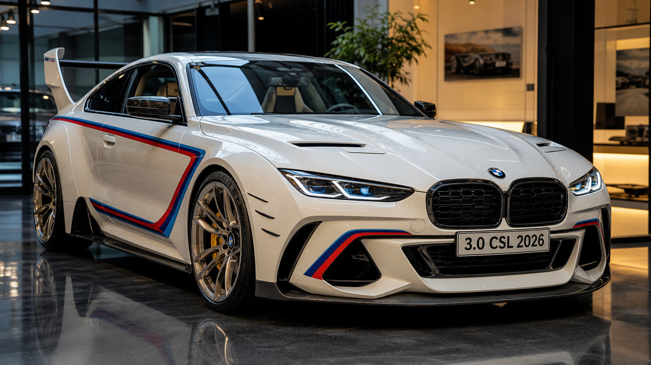 Carro esportivo BMW branco com detalhes em azul e vermelho exibido em showroom moderno.