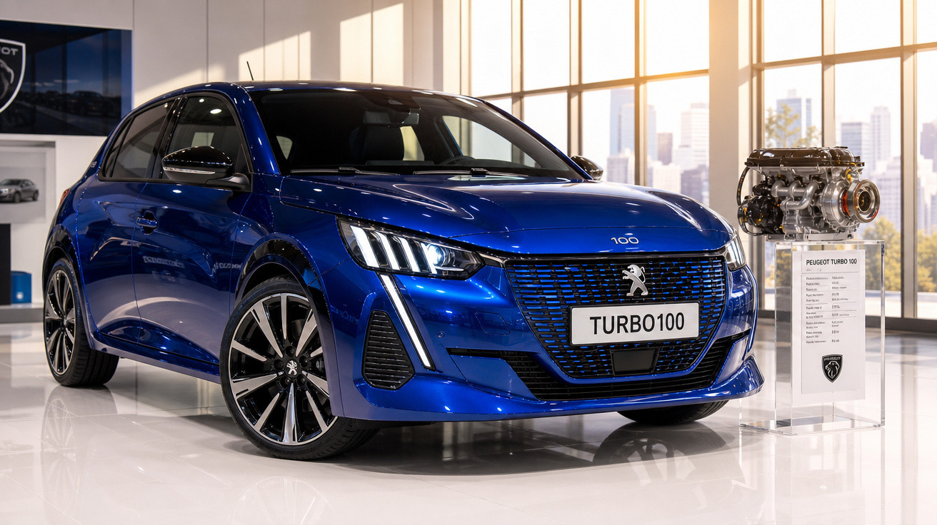 Carro azul Peugeot 100 em exposição ao lado de motor Peugeot Turbo 100 em ambiente iluminado.