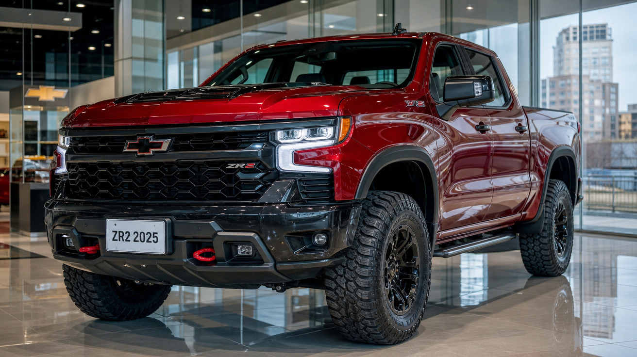 Picape Chevrolet Silverado ZR2 vermelha exibida em showroom com rodas grandes e visual robusto.