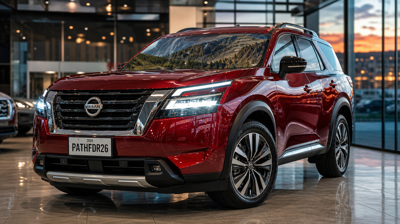 SUV Nissan Pathfinder vermelho estacionado em showroom com luzes acesas ao entardecer