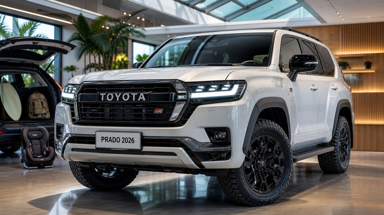 SUV Toyota Prado 2026 branca em showroom com pneus robustos e faróis de LED acesos.
