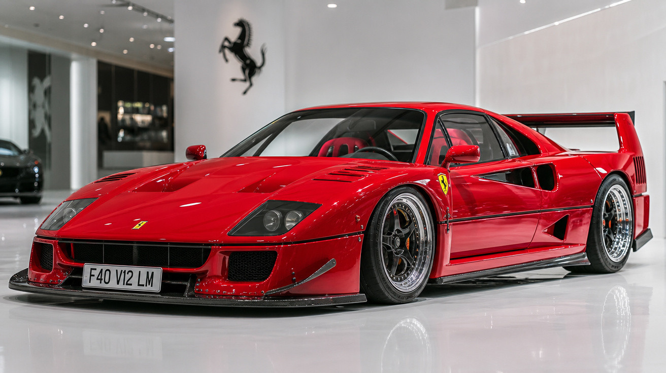Carro esportivo Ferrari F40 vermelho com spoiler traseiro em showroom moderno e iluminado.