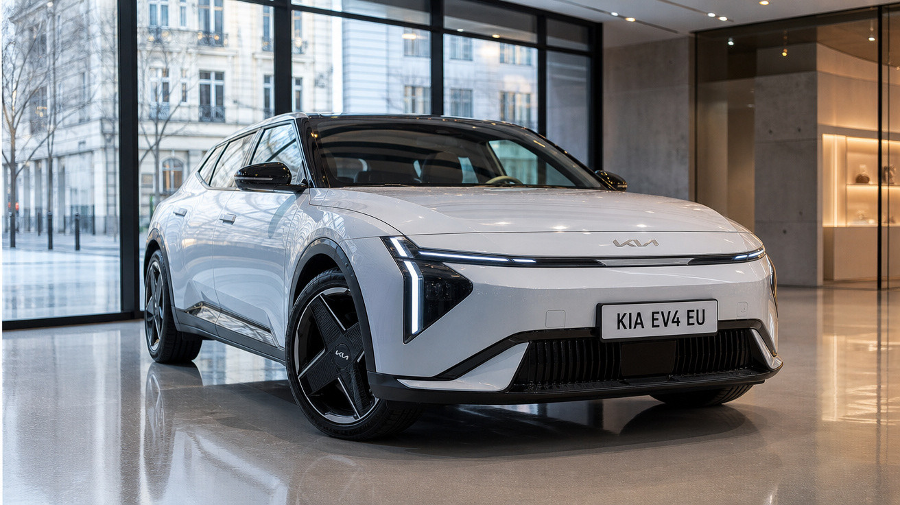 Carro elétrico branco Kia EV4 em showroom com grandes janelas e piso brilhante.