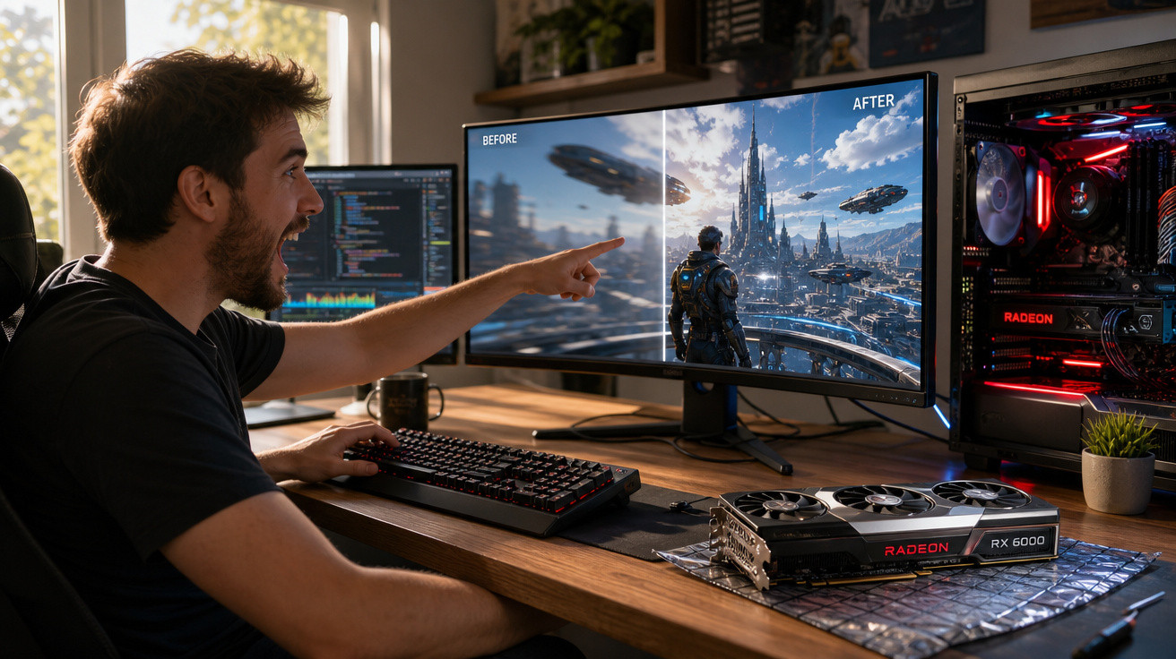 Homem animado apontando para monitor com comparação gráfica antes e depois de jogo futurista em setup gamer.