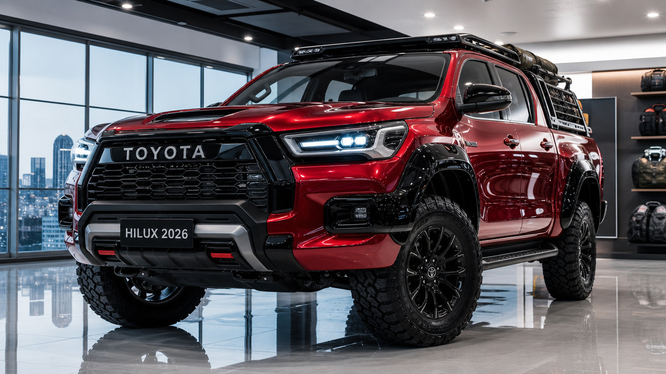 Picape Toyota Hilux 2026 vermelha com faróis de LED acesos em ambiente interno moderno.