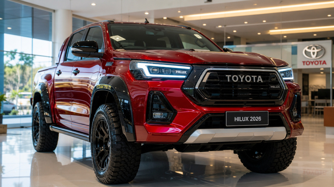 Picape Toyota Hilux 2026 vermelha em acabamento rústico exposta em concessionária iluminada.