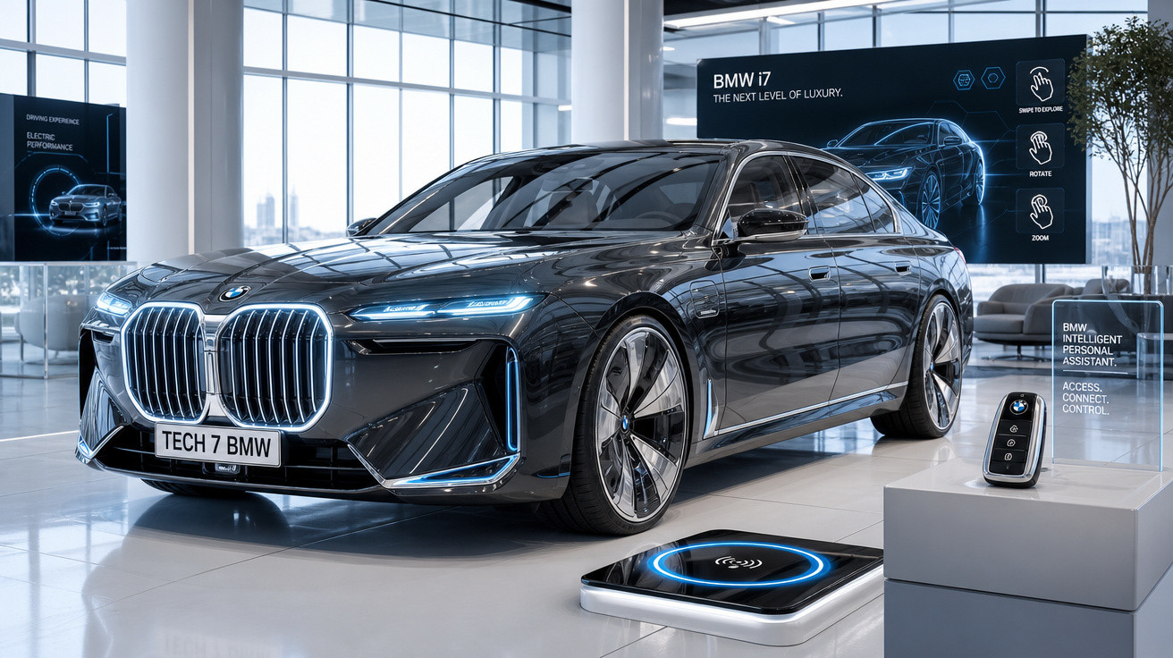 Carro BMW i7 preto exibido em showroom moderno com iluminação natural e tecnologia ao redor.