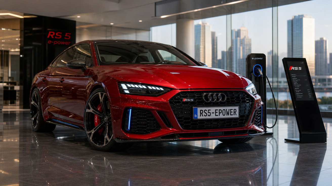 Carro vermelho Audi RS5 e-power estacionado em showroom moderno com vista urbana ao fundo.